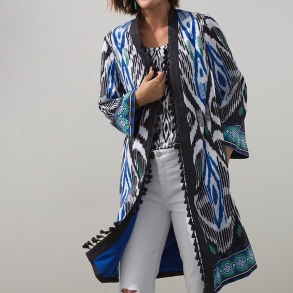 Chico's Women's Bordered Tassel Ikat Kimono Bohemian Print Duster Medium